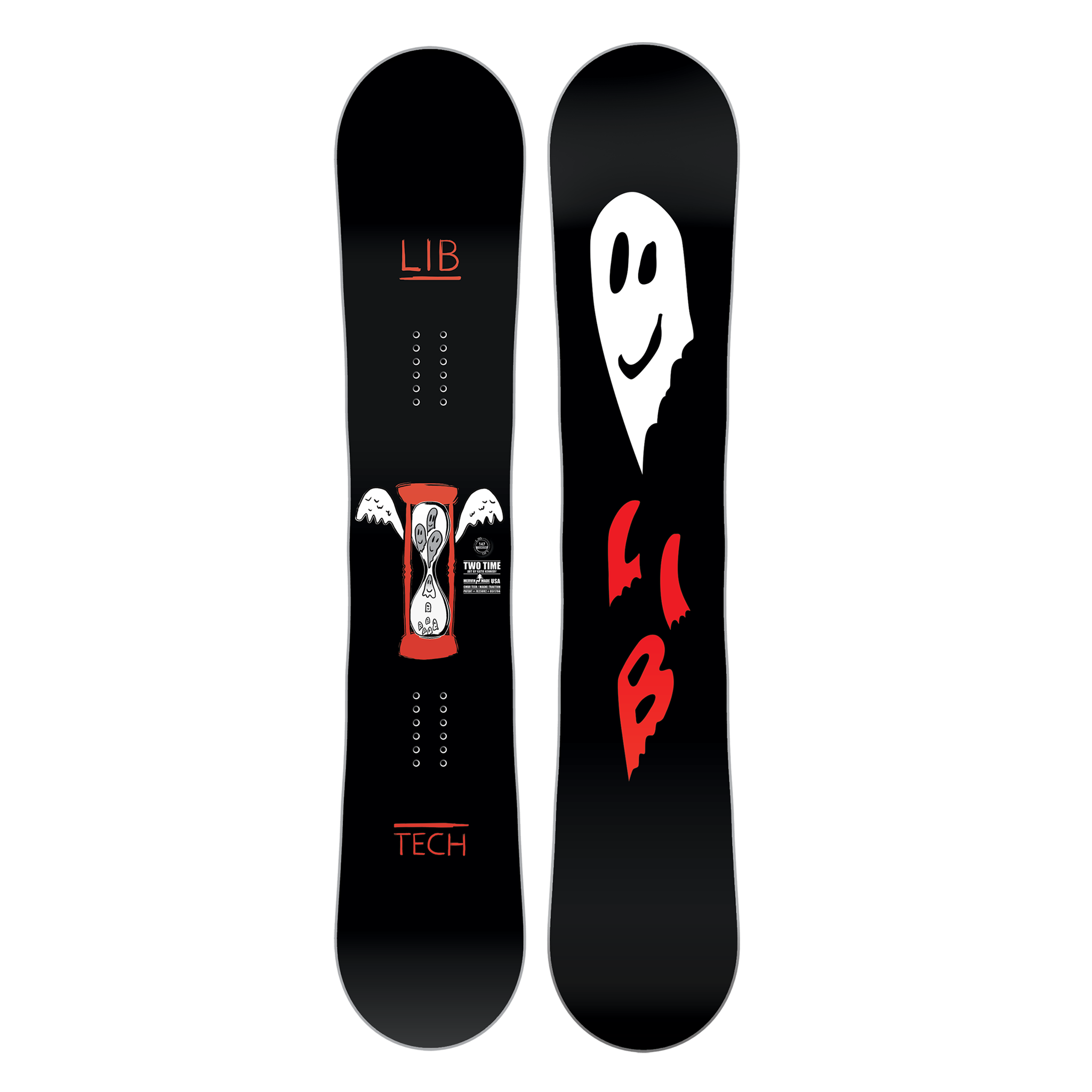 Lib Tech Women's Two Time Snowboard 2025 - Black snowboard with white hourglass logo and red outline.
