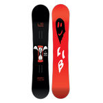 Lib Tech Women's Two Time Snowboard 2025 - A black snowboard with a white hourglass logo and two white wings on either side, set against a solid white background.