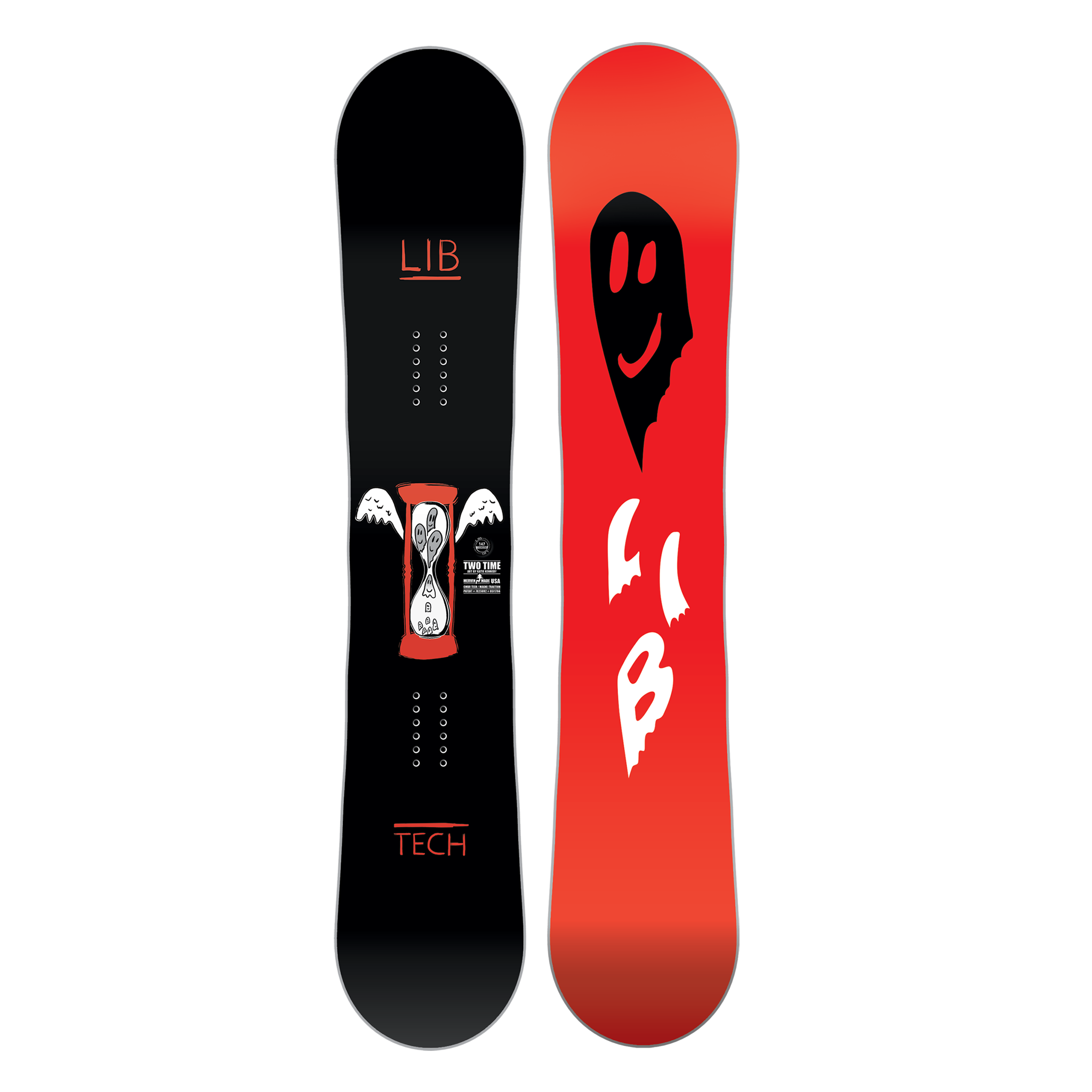Lib Tech Women's Two Time Snowboard 2025 - A black snowboard with a white hourglass logo and two white wings on either side, set against a solid white background.