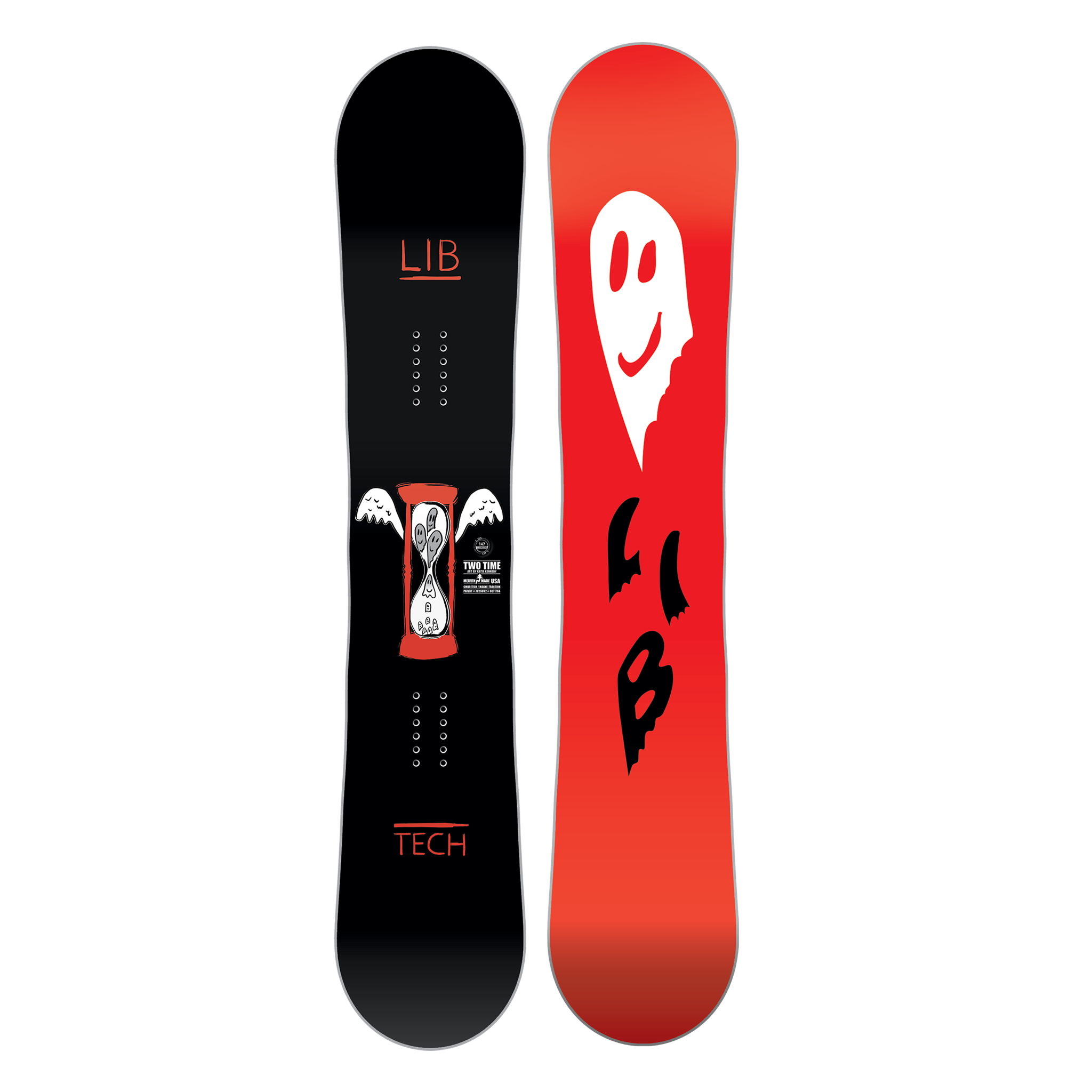 Lib Tech Women's Two Time Snowboard 2025 - A black snowboard with a white hourglass logo and red accents.