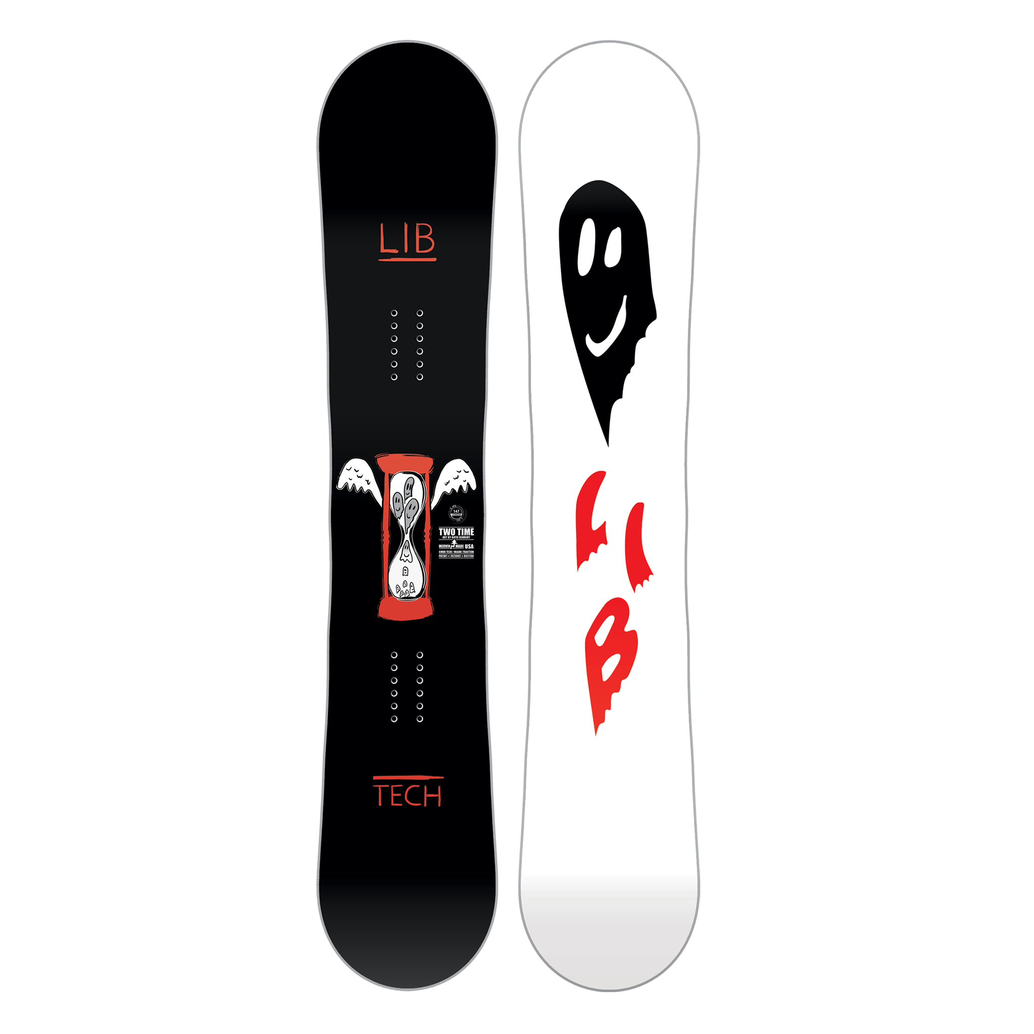 Lib Tech Women's Two Time Snowboard 2025 - A black snowboard with a white hourglass logo and red outline, featuring two white wings on either side of the logo.