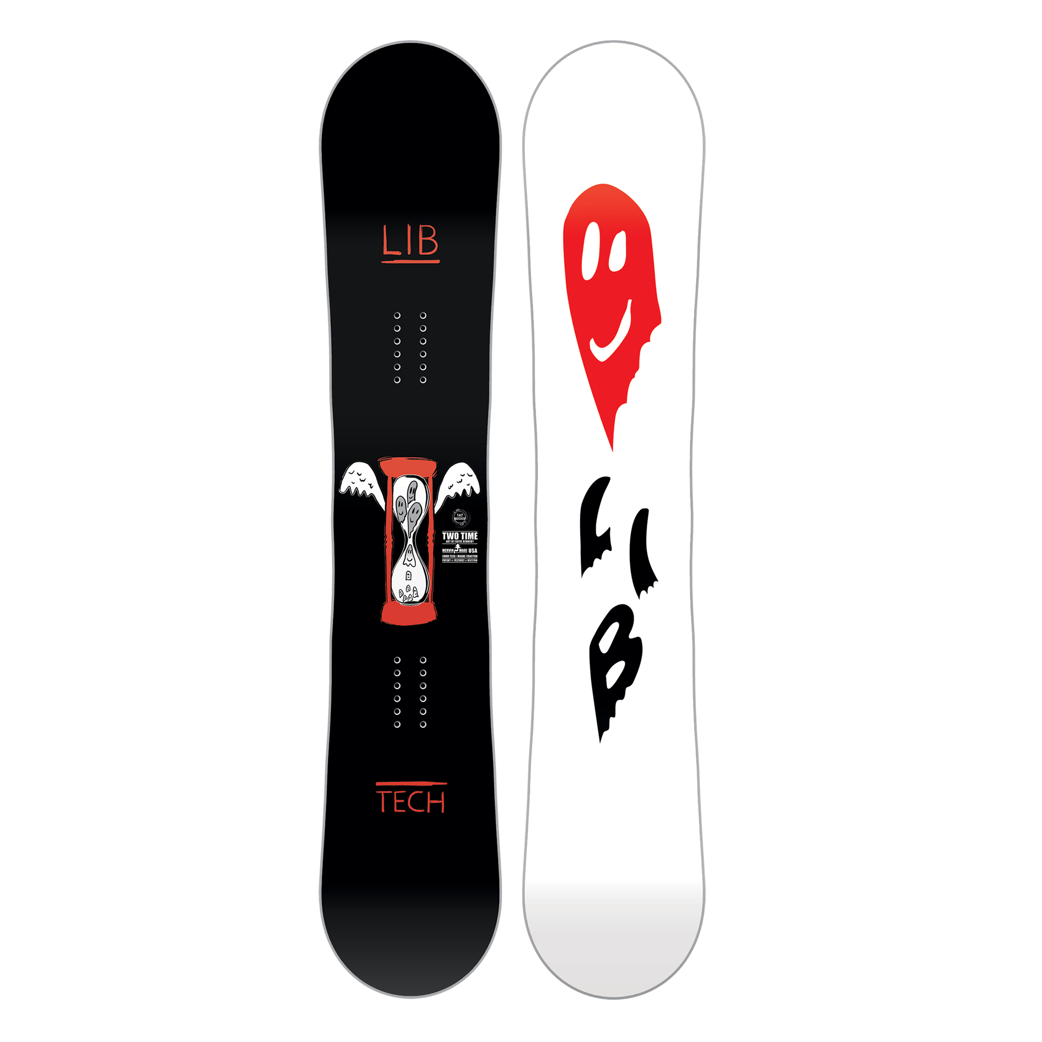 Lib Tech Women's Two Time Snowboard 2025 - A black snowboard with a white hourglass logo and red outline, featuring two white wings on either side.