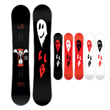 Lib Tech Women's Two Time Snowboard 2025 - A black snowboard with a white hourglass timer graphic and red accents.