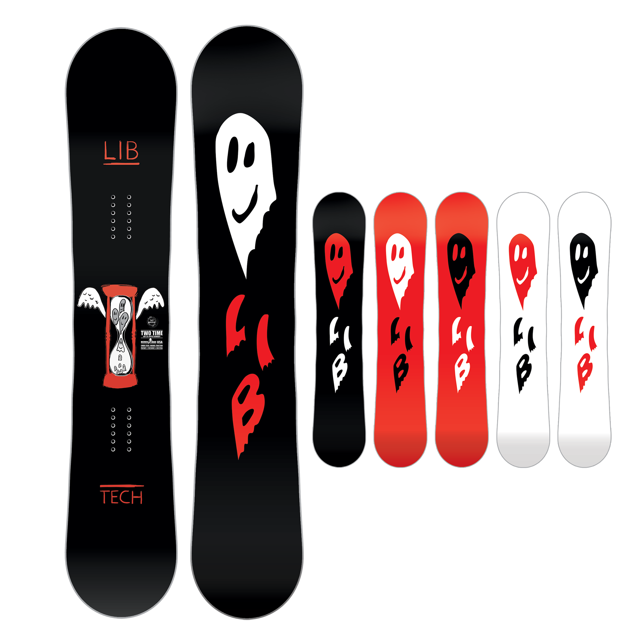 Lib Tech Women's Two Time Snowboard 2025 - A black snowboard with a white hourglass timer graphic and red accents.