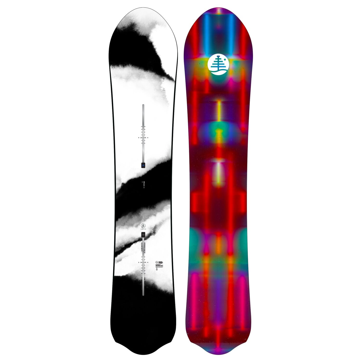 Burton Family Tree Alekesam Snowboard 2025 - A black and white snowboard with a marbled design on its top side.