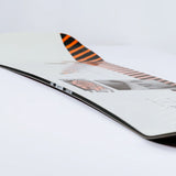 Rome Agent Snowboard 2025 - White snowboard with black and orange stripes on top of tail.