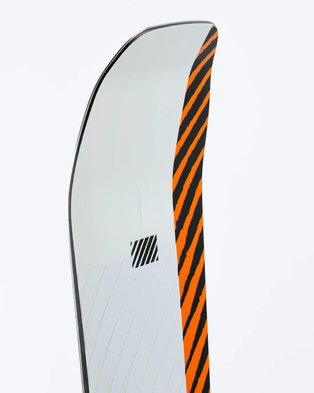Rome Agent Snowboard 2025 - A white snowboard with black diagonal stripes on its top sheet and a black base.