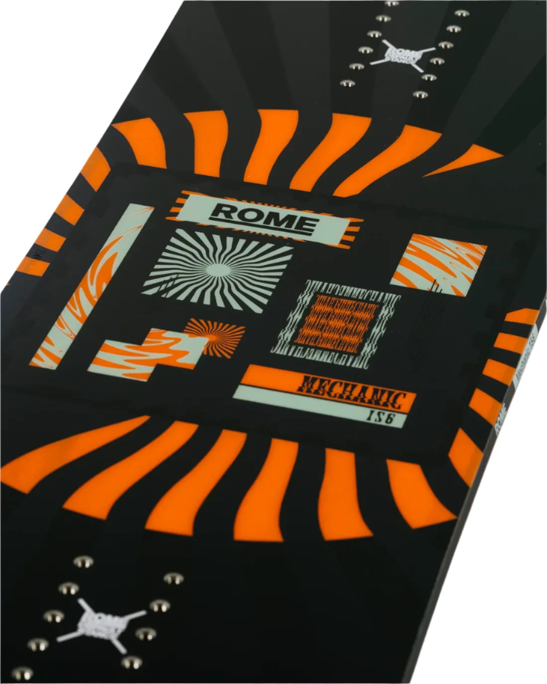 Rome Mechanic Snowboard 2025 - Black snowboard with orange accents and a white logo on top.