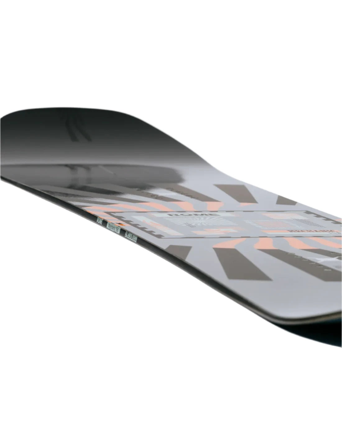 Rome Mechanic Snowboard 2025 - A snowboard with a black top sheet and light blue accents, featuring a geometric pattern of dark gray shapes.