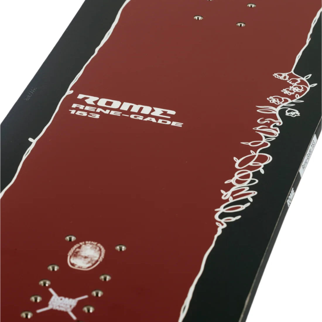 Rome Renegade - Snowboard with a maroon top sheet featuring white floral pattern and silver rivets along the edges.