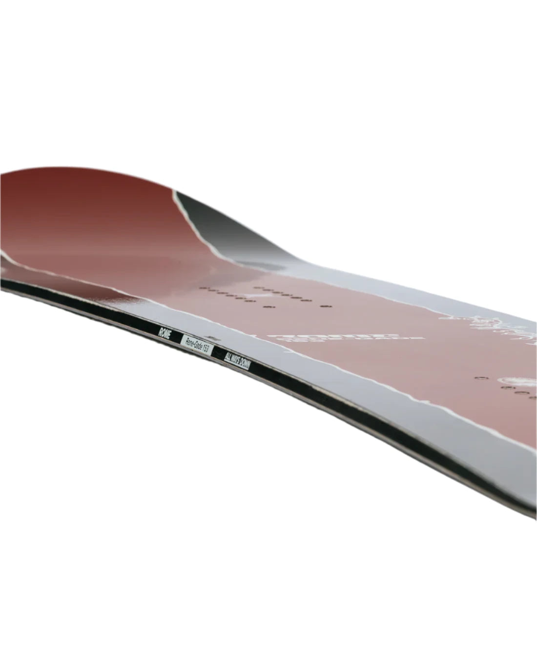Rome Rene-Gade Snowboard 2025 - A red snowboard with a black stripe down the middle and white lettering on top.