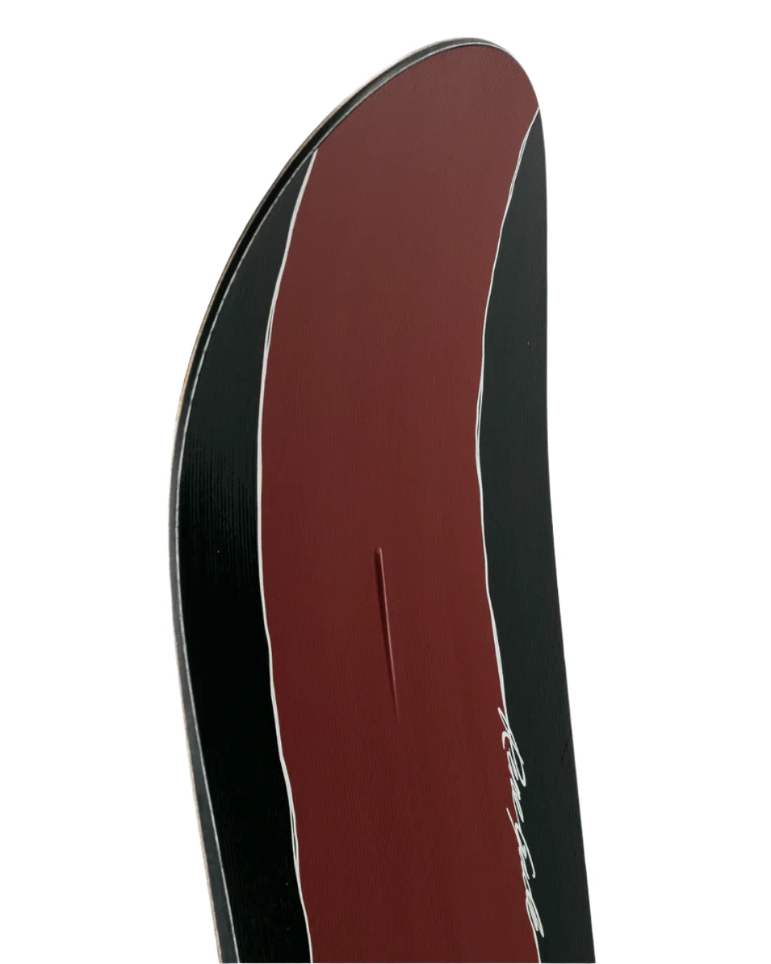Rome Rene-Gade Snowboard 2025 - A maroon snowboard with a white stripe down the middle and black edges.