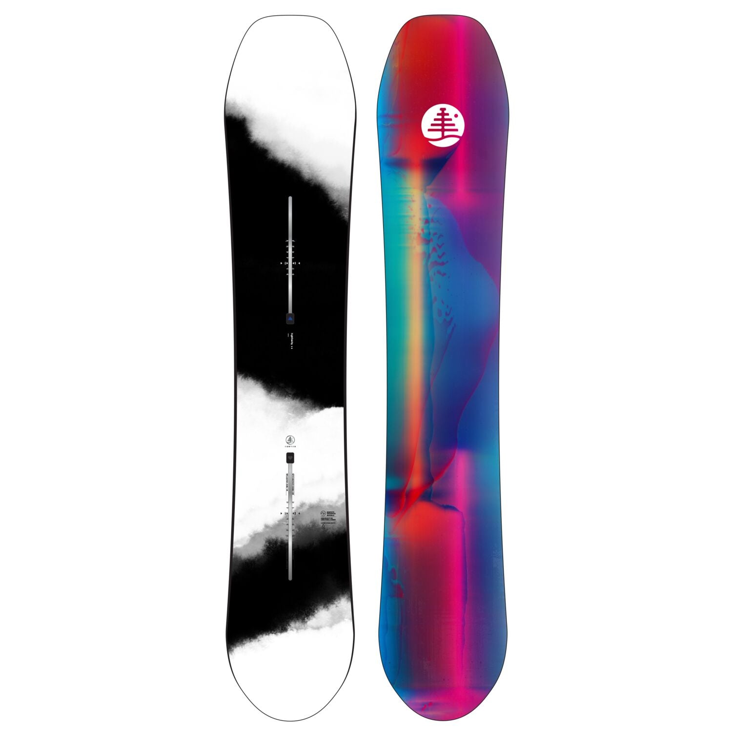 Burton Family Tree High Fidelity Snowboard 2025 - A black and white snowboard with a cloud-like pattern on its top surface.