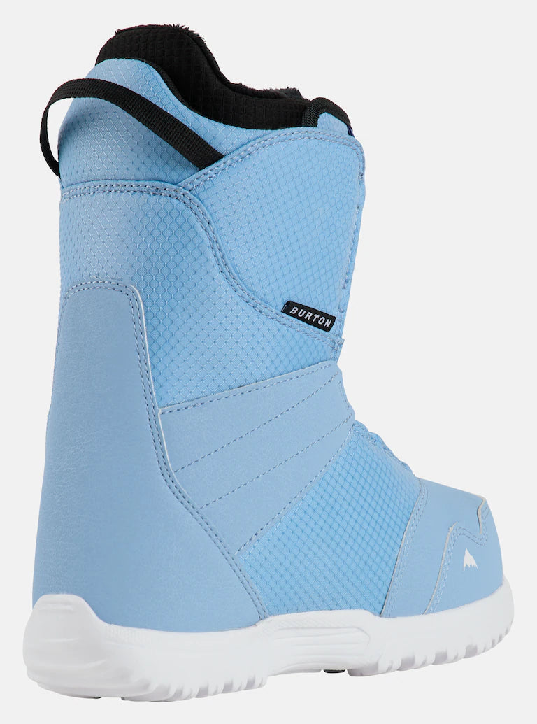 Burton Junior's Smalls Boa Snowboard Boot 2025 - A light blue snowboard boot with a black strap and white logo on the side.