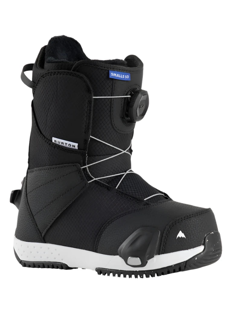 Burton Smalls Step On Snowboard Boots 2025 - Black snowboard boots with white laces and a blue label on top that says "SMALLS SO".