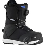 Burton Smalls Step On Snowboard Boots 2025 - Black snowboard boots with white laces and a blue label on top that says "SMALLS SO".