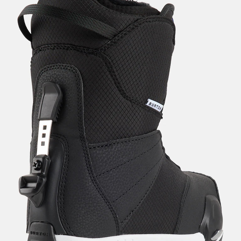 Burton Smalls Step On Snowboard Boots 2025 - A pair of black snowboard boots with a textured pattern on the upper material and white accents around the sole.