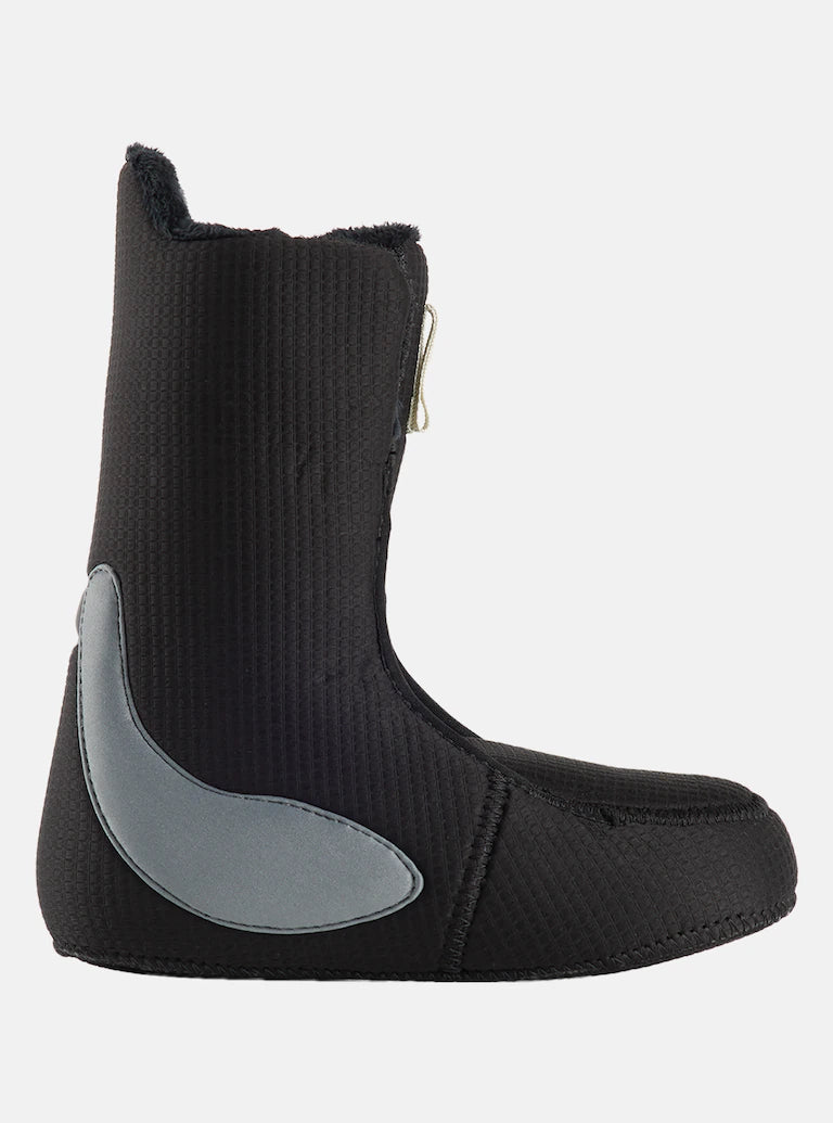 Burton Smalls Step On Snowboard Boots 2025 - A black snowboard boot with a textured pattern on the side and a gray strap across the top.