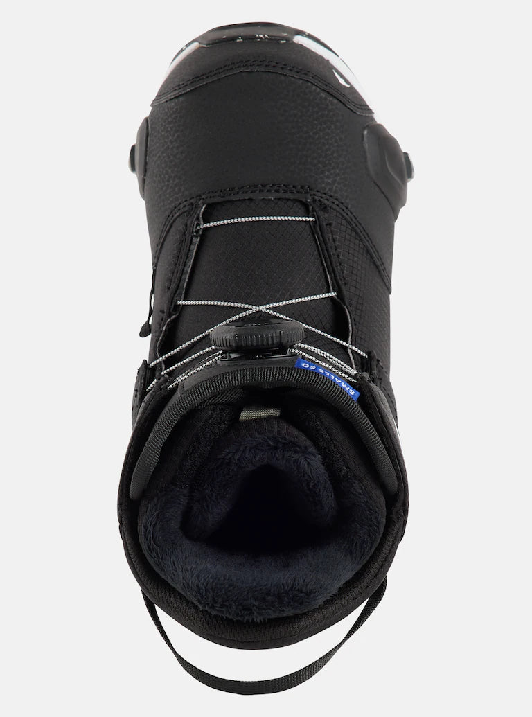 Burton Smalls Step On Snowboard Boots 2025 - Black snowboard boots with white laces and a black strap on top.