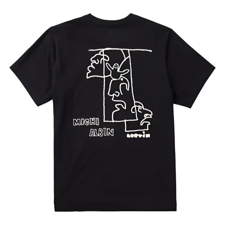 Burton Albin Tee Shirt 2025 - A black t-shirt with a white line drawing of a skier in front of a mountain, wearing a helmet and goggles.
