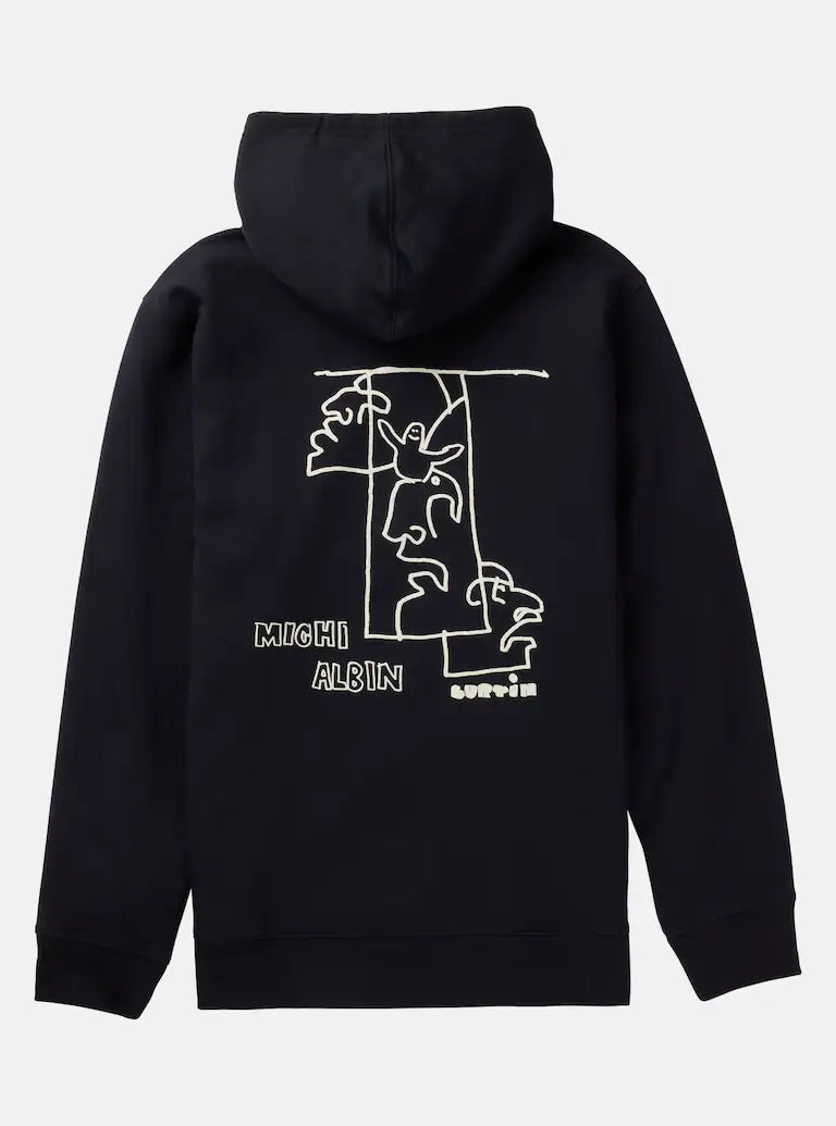 Burton Michi Albin Burtin Hoodie 2025 - A black hoodie with a white line drawing of two faces on the front, one facing forward and the other backward.