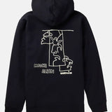 Burton Michi Albin Burtin Hoodie 2025 - A black hoodie with a white line drawing of two faces on the front, one facing forward and the other backward.