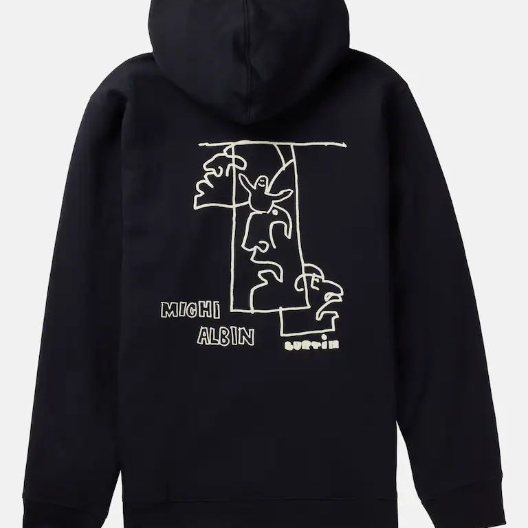 Burton Michi Albin Burtin Hoodie 2025 - A black hoodie with a white line drawing of two faces on the front, one facing forward and the other backward.