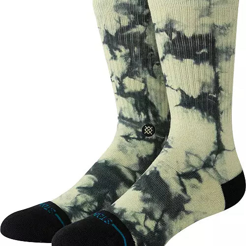 Stance Well Worn Crew Sock 2024 - A pair of crew socks with a black and white tie-dye pattern on an off-white background.