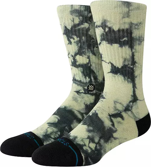 Stance Well Worn Crew Sock 2024 - A pair of crew socks with a black and white tie-dye pattern on an off-white background.