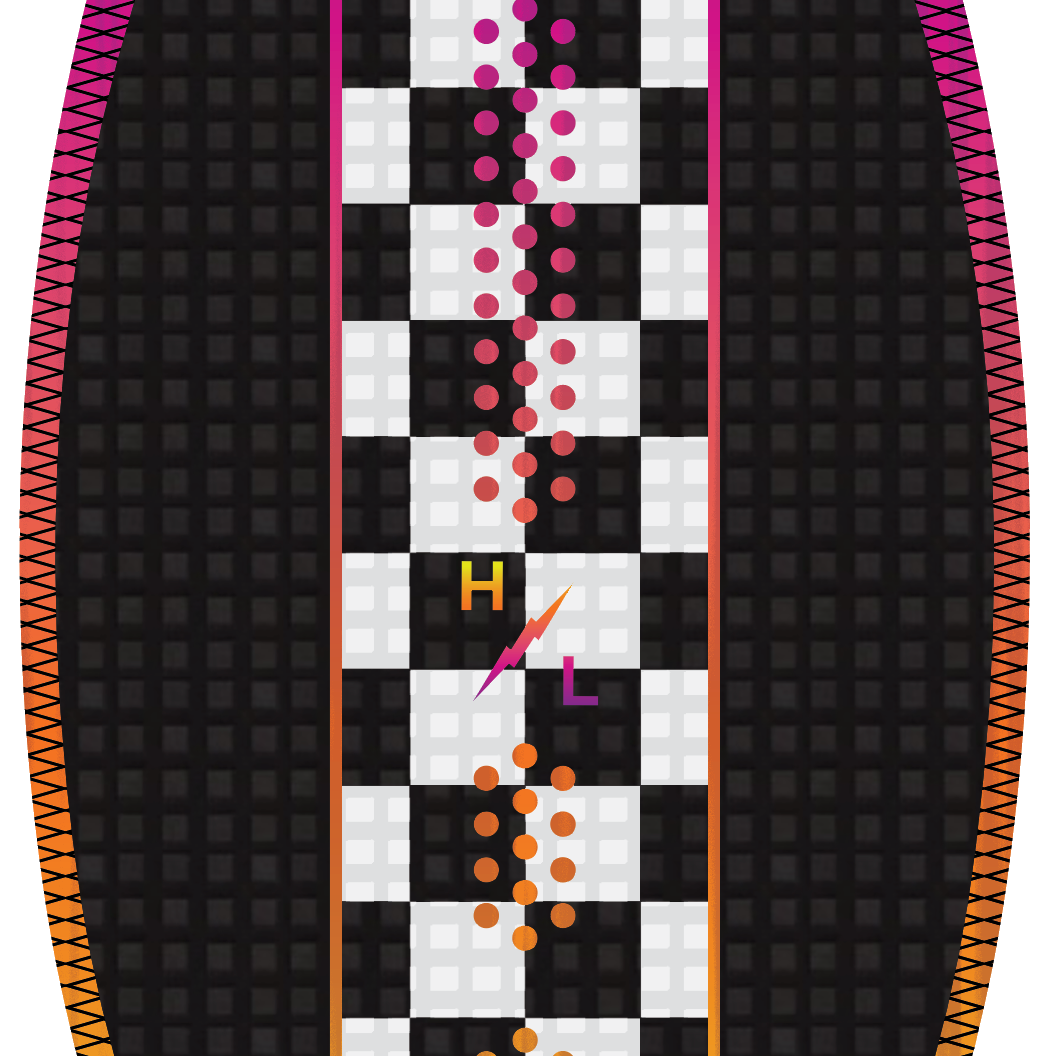 Hyperlite Junior's Gromcast Wakesurf 2024 - A black and white checkerboard patterned wakesurf board with a purple top, featuring a circular logo that reads "GROMCAST" in white letters.