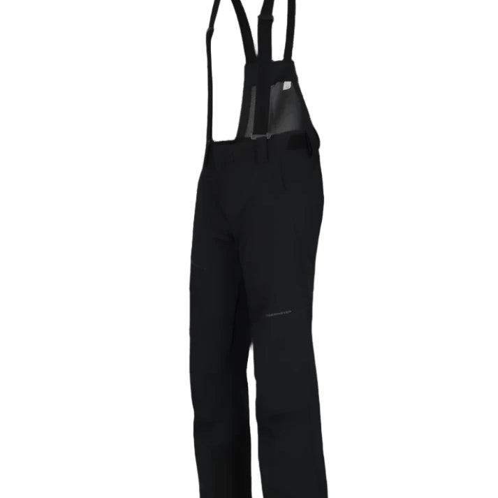 Obermeyer Force Insulated Suspender Pant 2025 - Black insulated snow pants with adjustable suspenders and a zippered pocket on the right thigh.