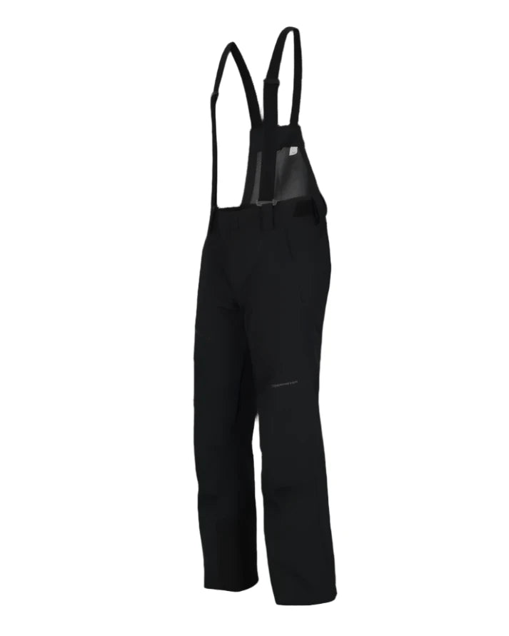 Obermeyer Force Insulated Suspender Pant 2025 - Black insulated snow pants with adjustable suspenders and a zippered pocket on the right thigh.