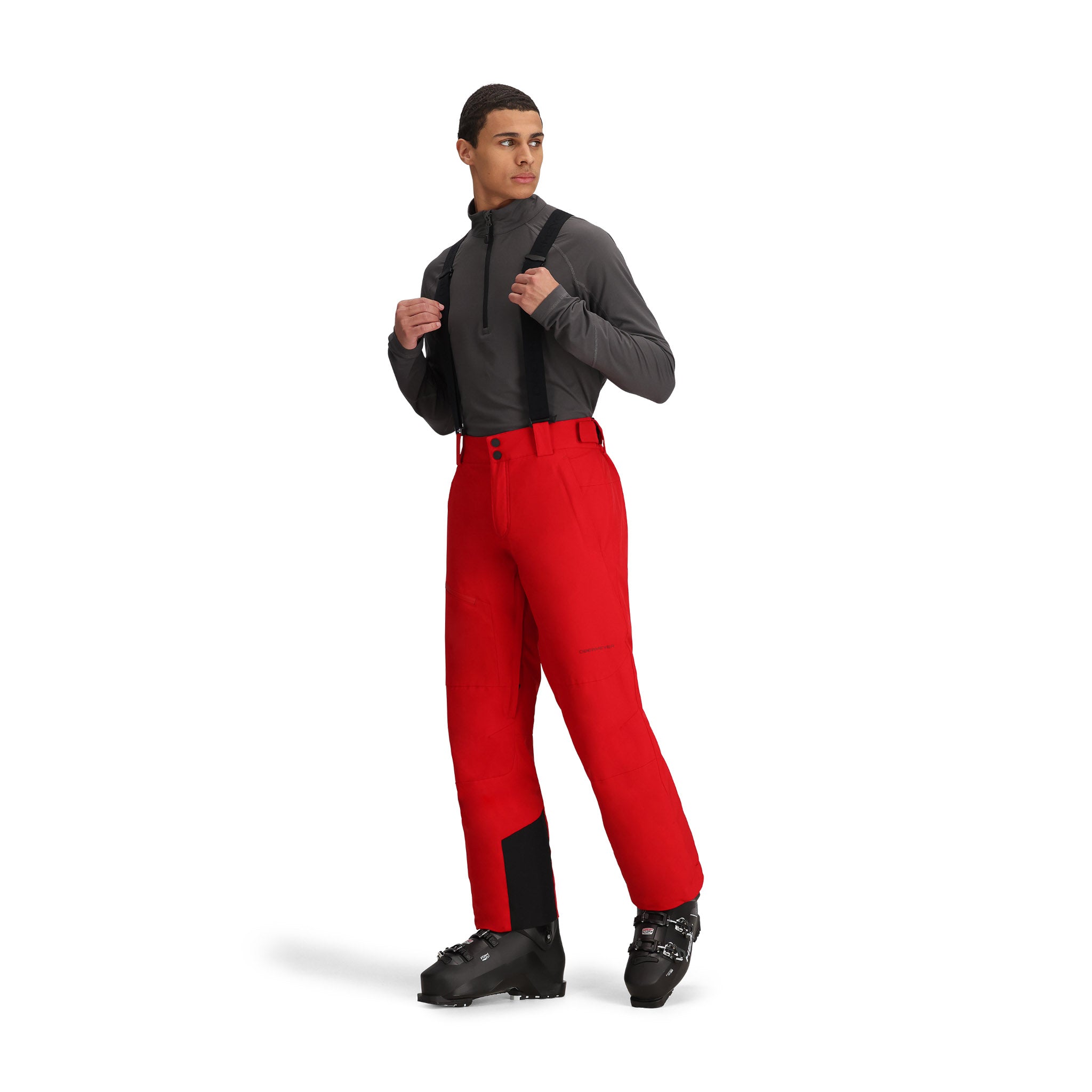 Obermeyer Force Insulated Suspender Pant 2025 - Black insulated snow pants with black suspenders and a zippered pocket on the thigh.