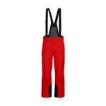 Obermeyer Force Insulated Suspender Pant 2025 - A pair of red snow pants with black suspenders and a zippered pocket on the left thigh.