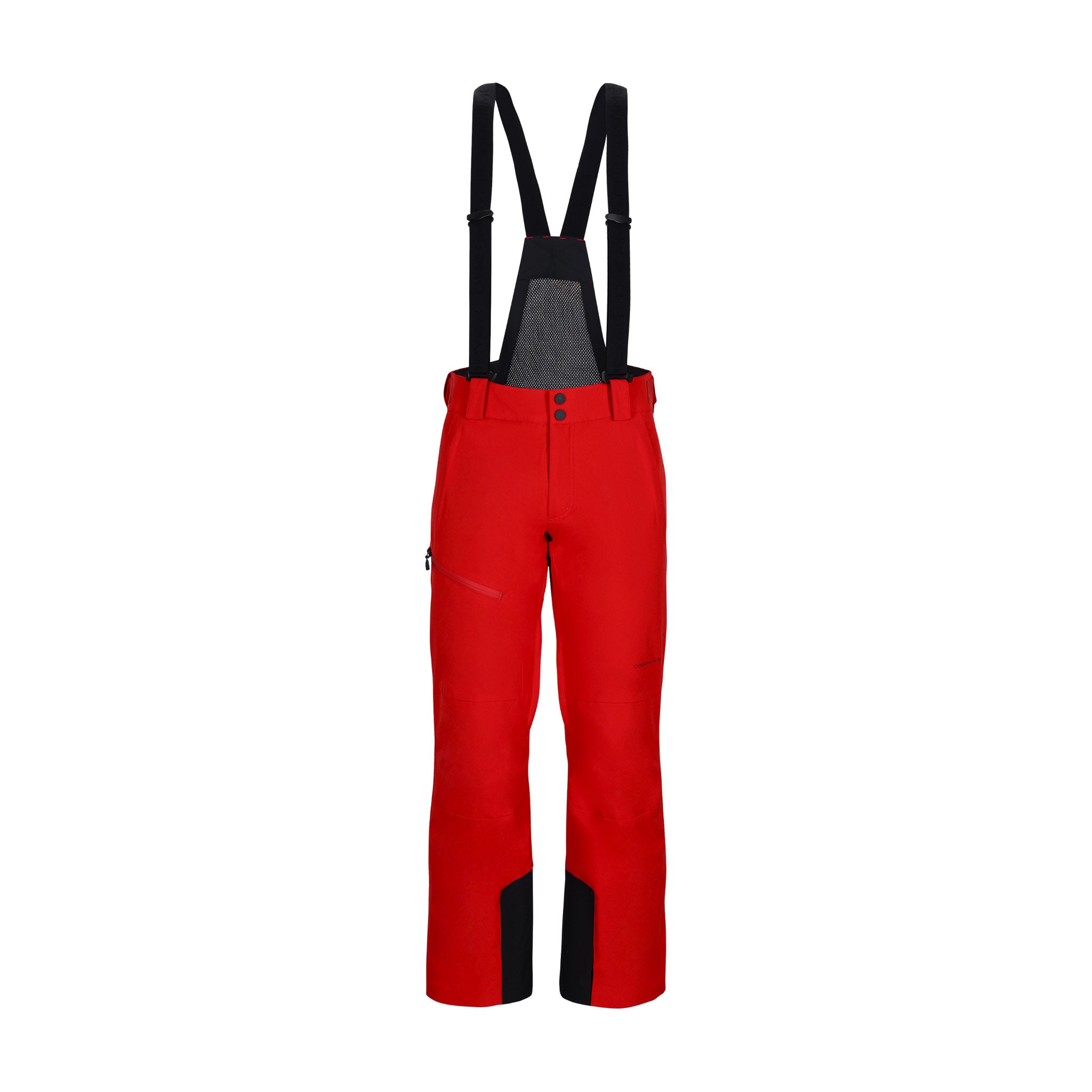 Obermeyer Force Insulated Suspender Pant 2025 - A pair of red snow pants with black suspenders and a zippered pocket on the left thigh.