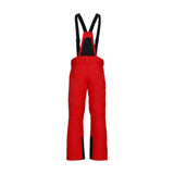 Obermeyer Force Insulated Suspender Pant 2025 - A pair of red snow pants with black suspenders and a black logo on the left leg.