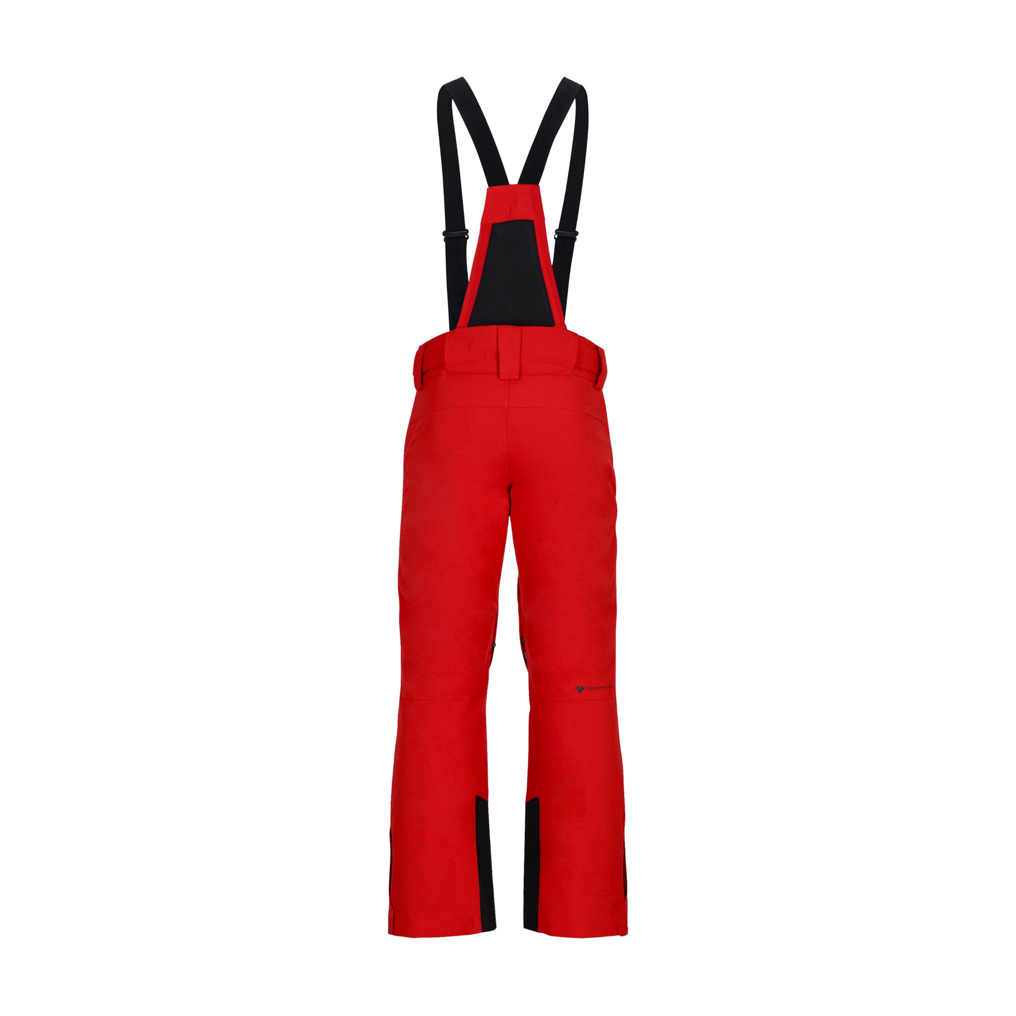 Obermeyer Force Insulated Suspender Pant 2025 - A pair of red snow pants with black suspenders and a black logo on the left leg.
