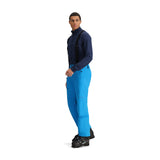 Obermeyer Force Insulated Suspender Pant 2025 - A pair of bright blue snow pants with black suspenders and a zippered pocket on the thigh.