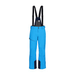 Obermeyer Force Insulated Suspender Pant 2025 - A pair of bright blue snow pants with a darker blue stripe down the side and black suspenders.