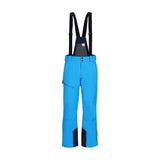 Obermeyer Force Insulated Suspender Pant 2025 - A pair of bright blue snow pants with a darker blue stripe down the side and black suspenders.