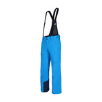 Obermeyer Force Insulated Suspender Pant 2025 - A pair of bright blue snow pants with a darker blue patch on the lower leg, featuring adjustable suspenders and a belt loop at the waist.