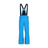 Obermeyer Force Insulated Suspender Pant 2025 - A pair of bright blue snow pants with black suspenders and a black logo on the left leg.