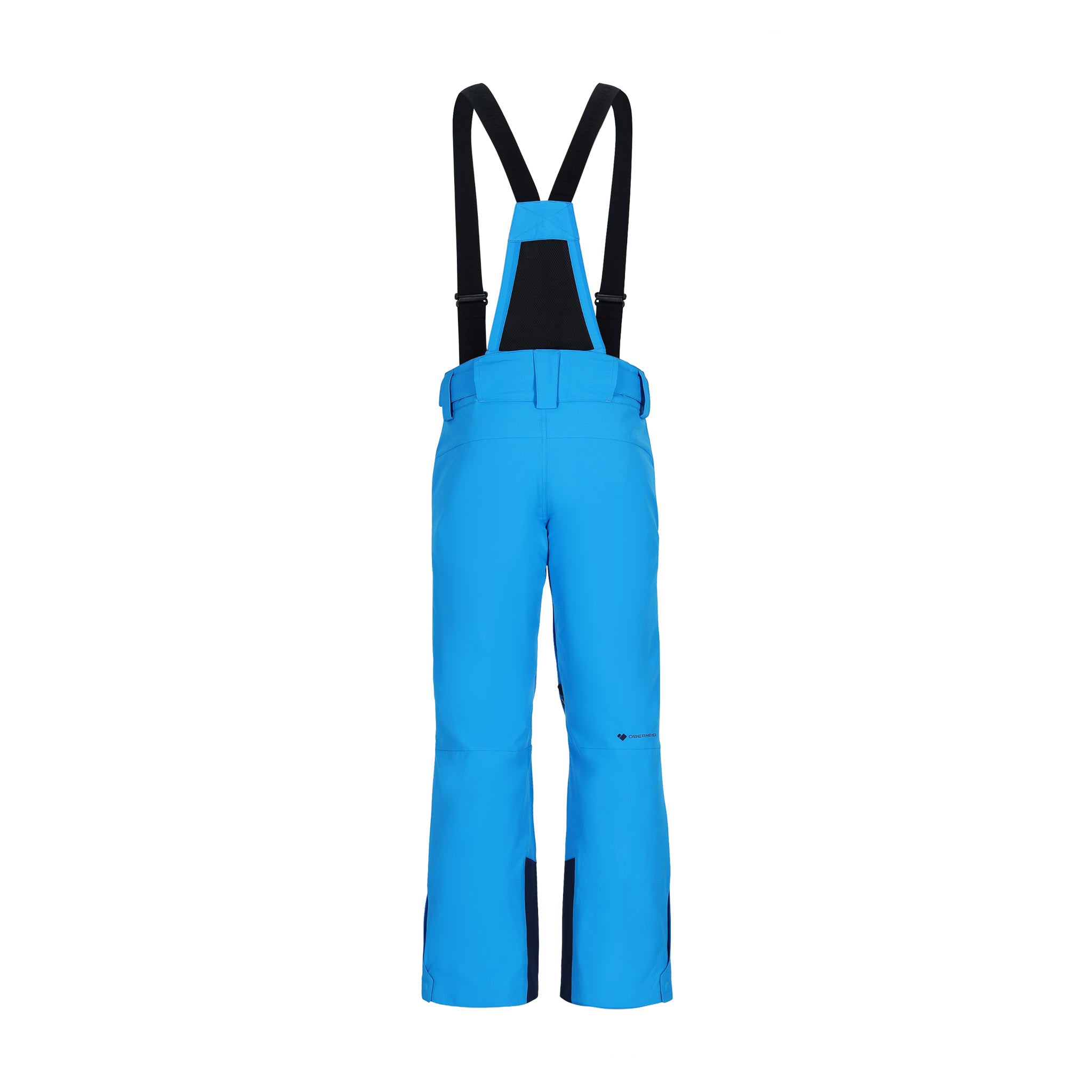 Obermeyer Force Insulated Suspender Pant 2025 - A pair of bright blue snow pants with black suspenders and a black logo on the left leg.