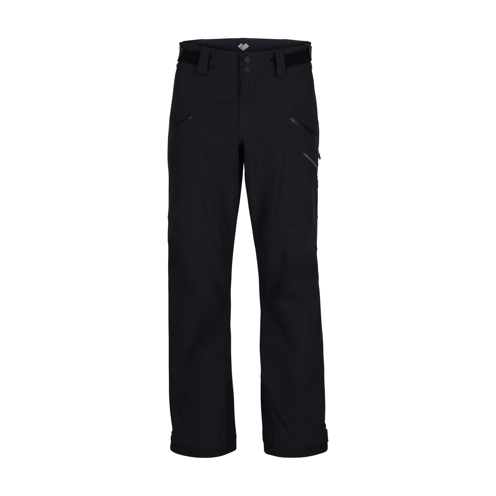 Obermeyer Foraker Shell Pant 2025 - Black snow pants with a subtle white logo on the left thigh and two zippered pockets on the front.
