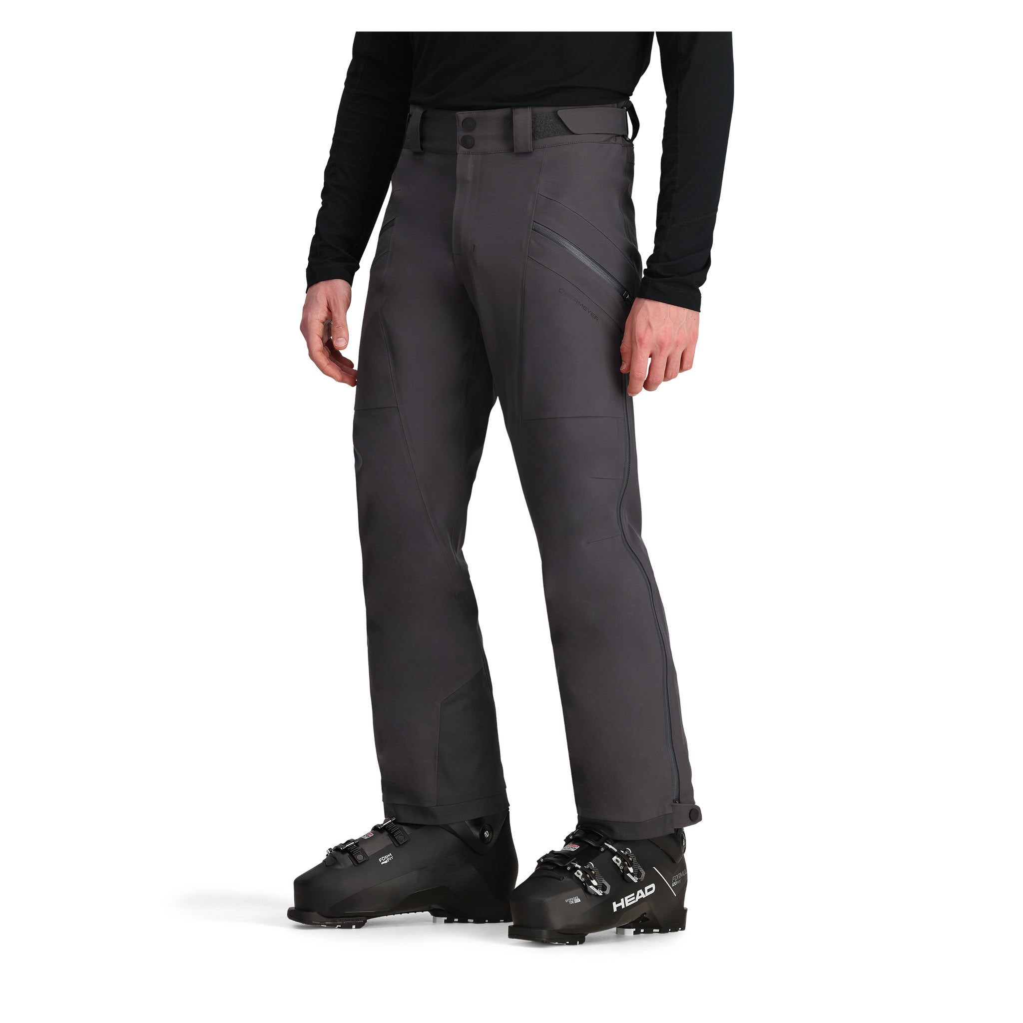 Obermeyer Foraker Shell Pant 2025 - Black snow pants with diagonal zippered pockets on each thigh and a black belt loop at the waist.