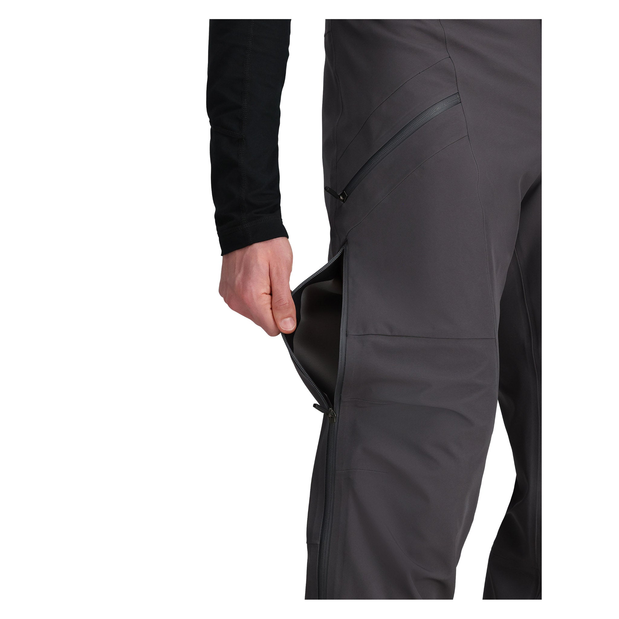 Obermeyer Foraker Shell Pant 2025 - Black pants with a zippered pocket on the thigh and a black zipper running down the side of the leg.