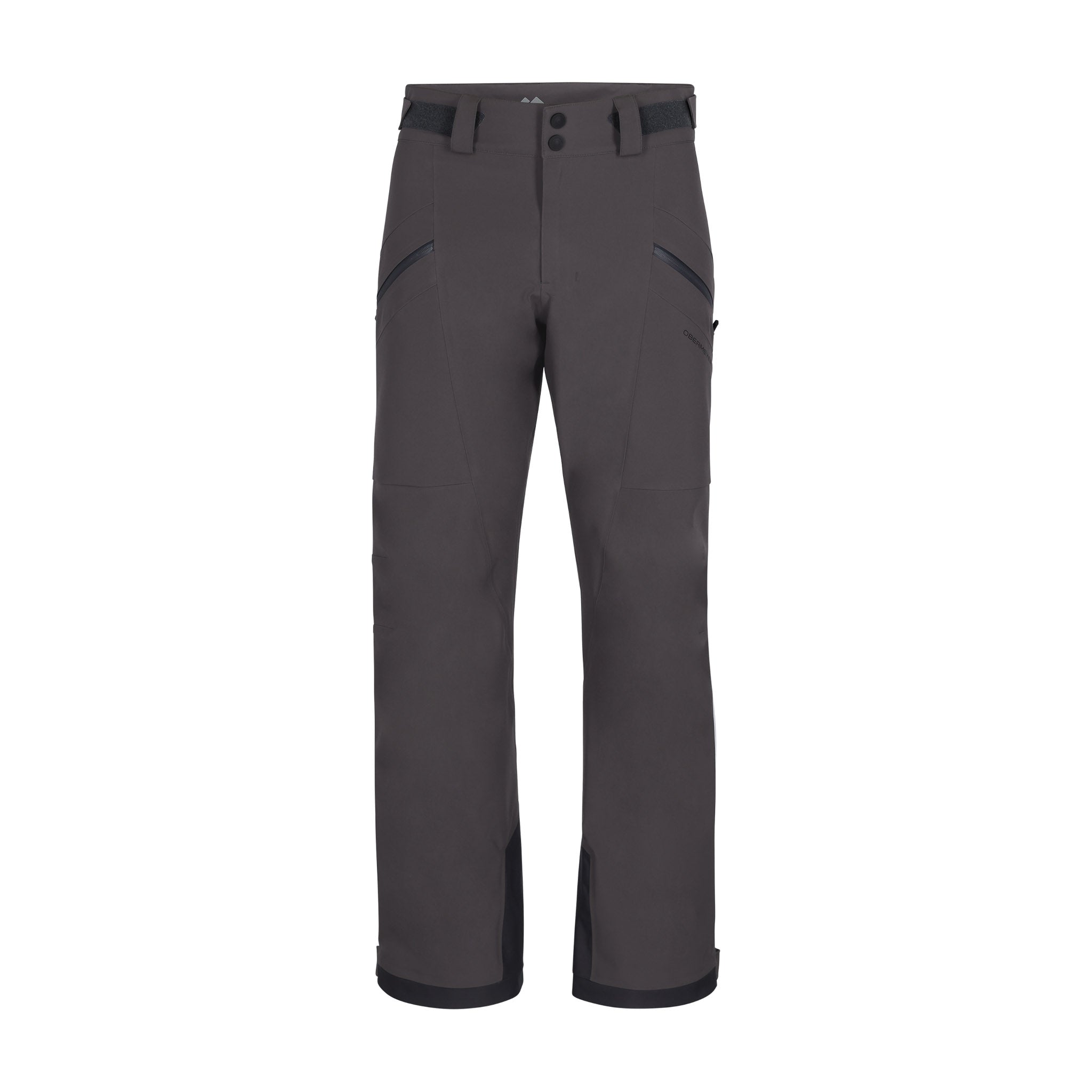 Obermeyer Foraker Shell Pant 2025 - A pair of dark gray snow pants with a black stripe down the side and two zippered pockets on the back.