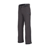Obermeyer Foraker Shell Pant 2025 - A pair of dark gray snow pants with a black zipper on the right thigh and two black buttons on the left waistband.