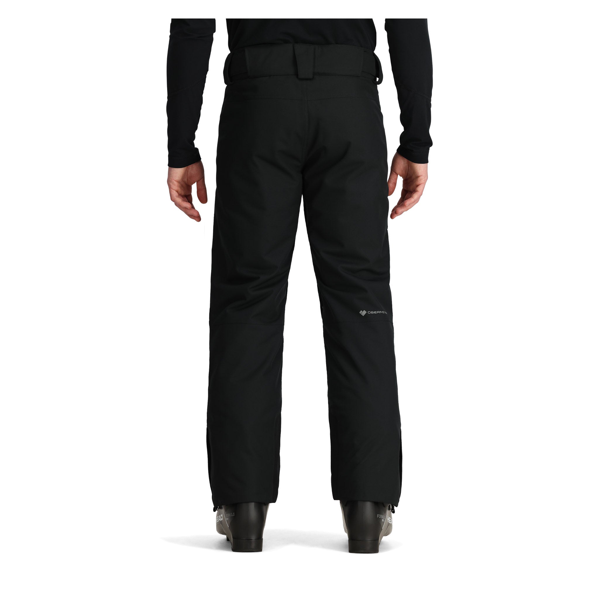 Obermeyer Orion Insulated Pant 2025 - Black insulated ski pants with a zippered pocket on the right thigh and adjustable Velcro straps at the waist.