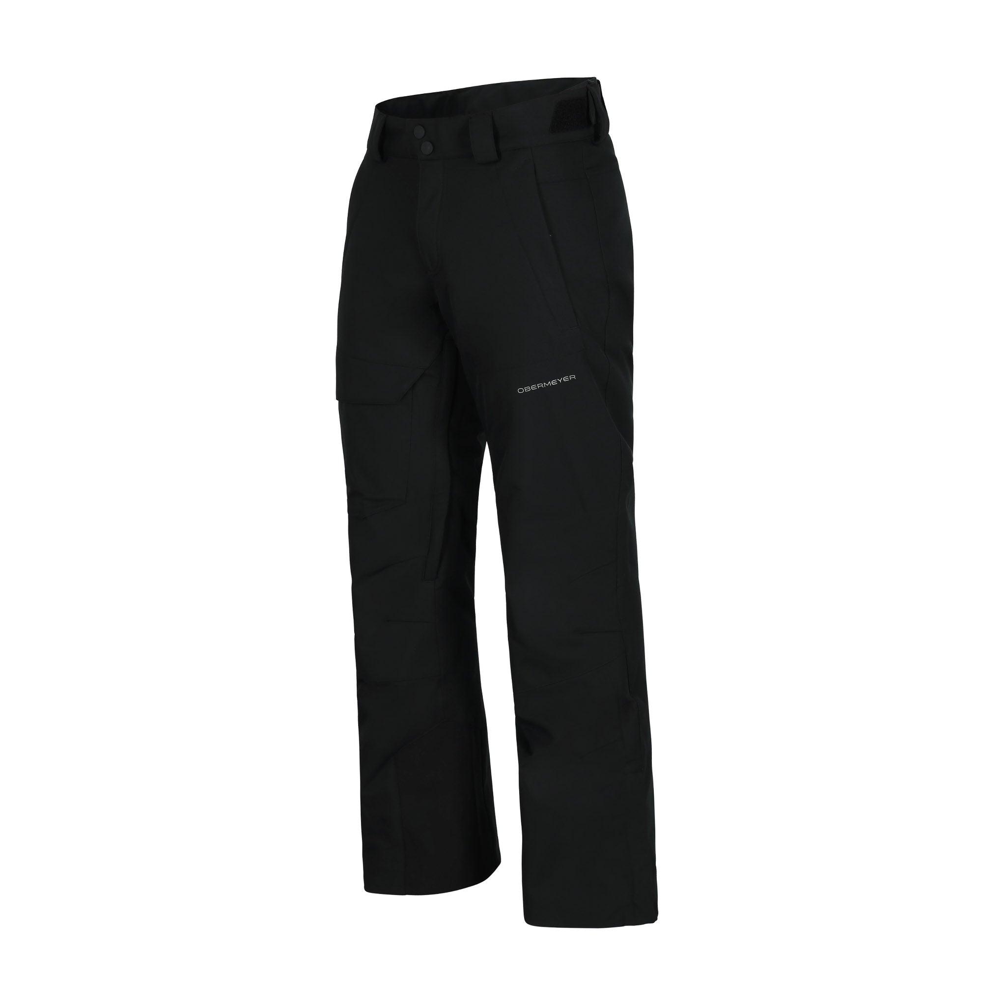 Obermeyer Orion Insulated Pant 2025 - Black insulated ski pants with a zippered pocket on the right thigh and two black buttons at the waistband.